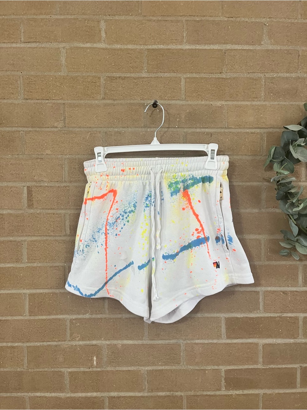 Aviator Nation White Paint-Splash Athletic Shorts